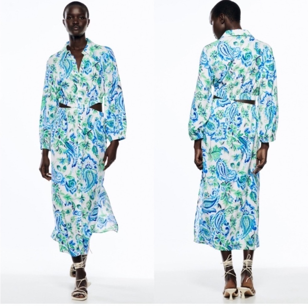 NWT Women’s ZARA Blue/Green paisley cutout midi button down dress- Size XS - Picture 2 of 11
